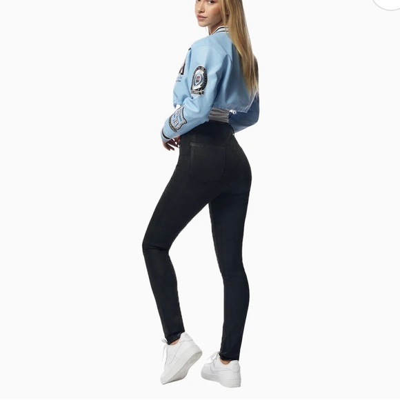 NEW! Smoke Rise Red PU Leather Varsity Jacket Coat Baby Blue Cropped Y2K  Sz S - Picture 4 of 9